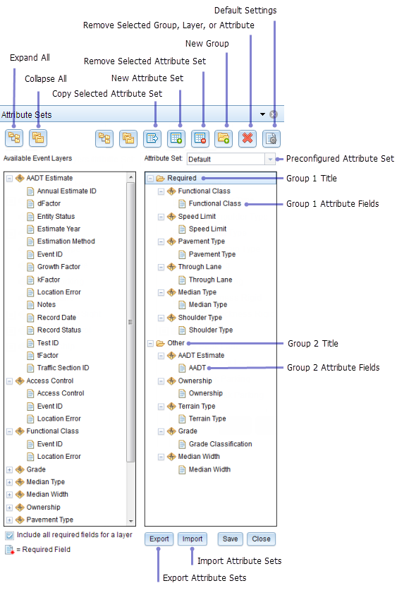 Attribute sets in the Roadway Characteristics Editor